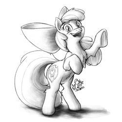 Size: 1000x1000 | Tagged: safe, artist:blue-paint-sea, apple bloom, earth pony, pony, g4, black and white, bow, female, grayscale, hair bow, looking at you, monochrome, open mouth, rearing, simple background, sketch, smiling, solo, traditional art, underhoof, white background