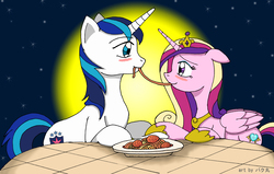 Size: 3812x2430 | Tagged: safe, artist:bakumaru01, princess cadance, shining armor, alicorn, pony, unicorn, g4, blushing, disney, duo, eating, female, food, full moon, high res, husband and wife, lady and the tramp, looking at each other, male, meat, meatball, moon, pasta, ponies eating meat, ship:shiningcadance, shipping, smiling, spaghetti, spaghetti scene, straight, table