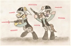 Size: 1095x710 | Tagged: safe, artist:brogararts, pony, bipedal, blaster, crossover, gritted teeth, open mouth, rebel alliance, rebel trooper, star wars, traditional art, weapon