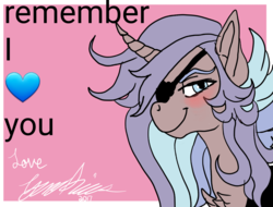 Size: 2048x1556 | Tagged: safe, artist:brainiac, oc, oc only, pony, unicorn, blushing, bust, cute, eyepatch, female, heart, mare, ponysona, portrait, solo, text