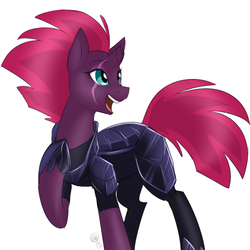 Size: 750x750 | Tagged: safe, artist:cosmalumi, fizzlepop berrytwist, tempest shadow, pony, unicorn, g4, my little pony: the movie, armor, broken horn, eye scar, female, happy, hoof on chest, horn, mare, open mouth, raised hoof, raised leg, scar, simple background, smiling, solo, white background
