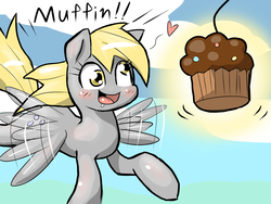 Size: 1200x900 | Tagged: safe, artist:frontline, derpy hooves, pegasus, pony, g4, bait, female, food, heart, it's a trap, mare, muffin, pixiv, solo, that pony sure does love muffins