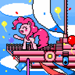 Size: 480x480 | Tagged: safe, artist:frontline, pinkie pie, pony, g4, balloon, confetti, female, pink, pixel art, pixiv, solo, streamers