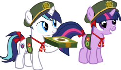 Size: 14476x8439 | Tagged: safe, artist:cyanlightning, shining armor, twilight sparkle, pony, unicorn, 28 pranks later, g4, absurd resolution, brother and sister, colt, colt shining armor, cute, cyan's filly guides, female, filly, filly guides, filly twilight sparkle, girl scout, girl scout uniform, hat, male, ribbon, shining adorable, siblings, simple background, tomgirl scout, transparent background, twiabetes, vector, younger