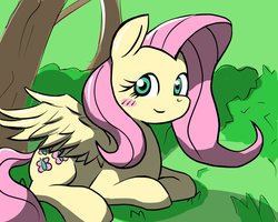 Size: 600x480 | Tagged: dead source, safe, artist:frontline, fluttershy, pegasus, pony, g4, blushing, female, grass, looking at you, lying down, mare, pixiv, smiling, solo, spread wings, tree, wings