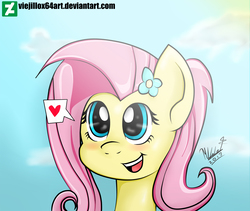 Size: 2900x2442 | Tagged: safe, artist:viejillox64art, fluttershy, pegasus, pony, g4, beautiful, bust, cute, female, flower, flower in hair, heart, hearts and hooves day, high res, open mouth, pictogram, portrait, shyabetes, sky, smiling, solo