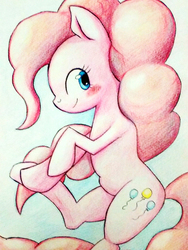 Size: 450x600 | Tagged: dead source, safe, artist:frontline, pinkie pie, earth pony, pony, g4, blushing, female, looking at you, mare, pixiv, profile, smiling, solo, traditional art