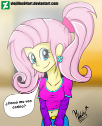 Size: 2143x2624 | Tagged: safe, artist:viejillox64art, fluttershy, equestria girls, g4, beautiful, breasts, cleavage, cute, female, high res, sexy, shyabetes, solo, spanish, translated in the comments