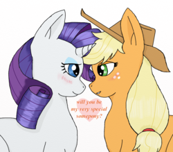 Size: 940x822 | Tagged: safe, artist:eulicious, applejack, rarity, g4, blushing, female, lesbian, looking at each other, ship:rarijack, shipping, simple background, white background