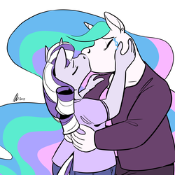 Size: 1280x1280 | Tagged: safe, artist:rwl, princess celestia, twilight velvet, anthro, fanfic:just like old times, g4, blushing, chubby, crack shipping, crying, fanfic, fanfic art, female, floppy ears, hug, kiss on the lips, kissing, lesbian, lidded eyes, long neck, looking at each other, looking down, looking up, ship:velestia, shipping, simple background, smiling, tears of joy