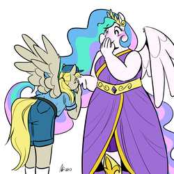 Size: 1280x1280 | Tagged: safe, artist:rwl, derpy hooves, princess celestia, anthro, g4, blushing, chubby, chubbylestia, clothes, crack shipping, cute, derpabetes, dress, fat, female, hand kiss, height difference, kissing, lesbian, mail, mailbag, ship:derpylestia, shipping, size difference