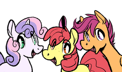 Size: 1076x638 | Tagged: safe, artist:rwl, apple bloom, scootaloo, sweetie belle, g4, :v, bust, cutie mark crusaders, portrait