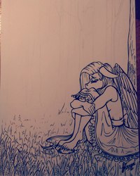 Size: 1728x2160 | Tagged: safe, artist:stirren, fluttershy, anthro, unguligrade anthro, g4, clothes, dress, eyes closed, female, lineart, sadness, sitting, solo, traditional art, unshorn fetlocks, wip