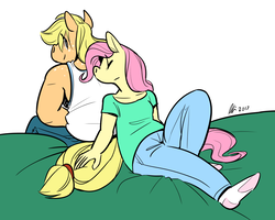 Size: 1280x1024 | Tagged: safe, artist:rwl, applejack, fluttershy, anthro, plantigrade anthro, g4, applejacked, body freckles, burly, clothes, female, freckles, lesbian, muscles, ship:appleshy, shipping, size difference, tank top