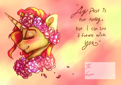 Size: 4320x3021 | Tagged: safe, artist:loladotz, sunset shimmer, pony, unicorn, g4, blushing, eyes closed, female, floral head wreath, floral necklace, flower, hearts and hooves day, high res, solo, valentine's day, valentine's day card