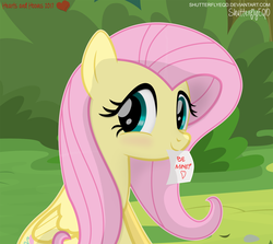 Size: 2184x1950 | Tagged: safe, artist:shutterflyeqd, fluttershy, pegasus, pony, g4, blushing, cute, daaaaaaaaaaaw, female, folded wings, heart, hearts and hooves day, hnnng, letter, looking at you, mare, mouth hold, shyabetes, signature, sitting, smiling, solo, valentine's day, wings