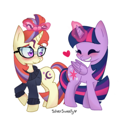 Size: 1000x1000 | Tagged: safe, artist:silversweety, artist:silvrfissh, moondancer, twilight sparkle, alicorn, pony, g4, clothes, cute, dancerbetes, female, glasses, lesbian, raised hoof, ship:twidancer, shipping, simple background, sweater, teeth, transparent background, twiabetes, twilight sparkle (alicorn), valentine's day