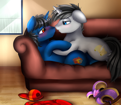 Size: 2791x2426 | Tagged: safe, artist:pridark, oc, oc only, oc:blazing cobalt, oc:silvermane, pony, unicorn, about to kiss, armor, clothes, commission, couch, gay, high res, lidded eyes, looking at each other, male, slippers, smiling, stallion, valentine's day, window