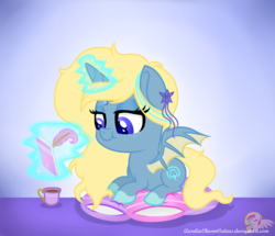 Size: 1572x1349 | Tagged: safe, artist:raspberrystudios, oc, oc only, bat pony, pony, unicorn, chibi, comfort, comfortable, cup, magic, makeup, notepad, pillow, quill, relax, smolpone, solo, teacup, writing notes