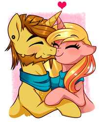 Size: 1304x1606 | Tagged: safe, artist:xwhitedreamsx, oc, oc only, oc:dreamy sweet, pony, blushing, clothes, cute, eyes closed, female, heart, hug, male, mare, scarf, smiling, stallion, straight