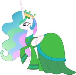Size: 1017x1001 | Tagged: safe, artist:cloudy glow, princess celestia, pony, g4, beauty and the beast, clothes, clothes swap, cosplay, costume, crossover, crown, disney, dress, enchantress, female, green, jewelry, mare, raised hoof, regalia, simple background, smiling, solo, transparent background, vector