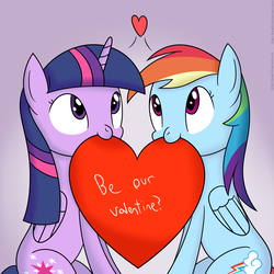 Size: 1600x1600 | Tagged: safe, artist:joey, rainbow dash, twilight sparkle, alicorn, pony, g4, female, heart, lesbian, ship:twidash, shipping, twilight sparkle (alicorn), valentine's day