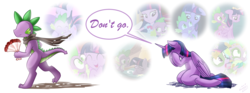 Size: 2012x746 | Tagged: safe, artist:vavacung, spike, twilight sparkle, alicorn, dog, dragon, pony, equestria girls, g4, clothes, crying, dialogue, engrish in the description, female, floppy ears, flower, kneeling, male, older, sad, scarf, ship:twispike, shipping, shipping denied, speech bubble, spike the dog, straight, twilight sparkle (alicorn), unrequited