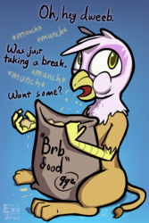 Size: 1636x2453 | Tagged: safe, artist:exedrus, derpibooru exclusive, gilda, griffon, g4, birb, bird seed, eating, female, monologue, onomatopoeia, pun, solo, visual pun