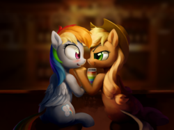Size: 3627x2720 | Tagged: safe, artist:draconidsmxz, applejack, rainbow dash, earth pony, pegasus, pony, g4, bar, blushing, drink, eye contact, female, high res, hoof on chin, lesbian, looking at each other, open mouth, ship:appledash, shipping, smugjack