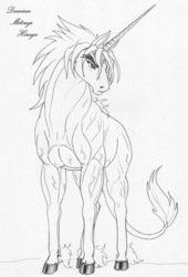 Size: 851x1250 | Tagged: safe, artist:leovictor, oc, oc only, oc:damian mitsugi hiraga, hybrid, pony, unicorn, monochrome, muscles, simple background, solo, unshorn fetlocks, vein, vein bulge, white background