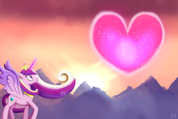 Size: 1920x1280 | Tagged: safe, artist:egstudios93, princess cadance, alicorn, pony, g4, female, heart, magic, solo, sunrise, wallpaper