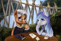 Size: 2203x1471 | Tagged: safe, artist:cattle32, oc, oc only, pegasus, pony, blue eyes, book, clothes, couple, cup, drink, female, glasses, looking at you, male, mare, oc x oc, paper, pencils, shipping, signature, smiling, stallion, straight, table, white hair