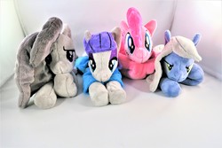 Size: 5472x3648 | Tagged: safe, artist:kazzysart, limestone pie, marble pie, maud pie, pinkie pie, earth pony, pony, g4, absurd resolution, beanie (plushie), female, group, irl, looking at you, mare, photo, pie sisters, plushie