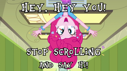 Size: 1010x564 | Tagged: safe, edit, edited screencap, screencap, pinkie pie, equestria girls, g4, my little pony equestria girls: friendship games, air vent, bracelet, canterlot high, cartoon physics, clothes, confetti, female, hallway, jewelry, looking at you, open mouth, pinkie being pinkie, pinkie physics, text, upside down, waving