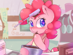 Size: 1600x1200 | Tagged: safe, artist:tikrs007, pinkie pie, earth pony, pony, g4, baking, bipedal, blushing, chocolate, colored pupils, cute, diapinkes, female, food, heart eyes, milk, prehensile mane, solo, spatula, wingding eyes