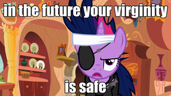 Size: 1280x720 | Tagged: safe, edit, edited screencap, screencap, twilight sparkle, pony, g4, it's about time, eyepatch, female, future twilight, golden oaks library, headband, image macro, in the future, meme, solo