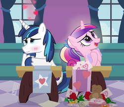 Size: 1085x935 | Tagged: safe, artist:dm29, princess cadance, shining armor, alicorn, pony, unicorn, g4, blushing, classroom, colt, colt shining armor, cute, cutedance, desk, female, filly, filly cadance, flower, heart, hearts and hooves day, kiss mark, lipstick, male, rose, shining adorable, ship:shiningcadance, shipping, straight, valentine's day, valentine's day card, young, younger