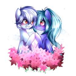 Size: 1600x1600 | Tagged: safe, artist:snowbunny0820, oc, oc only, pegasus, pony, blushing, female, flower, hair over one eye, male, mare, music notes, oc x oc, shipping, simple background, stallion, straight, transparent background