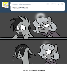 Size: 666x763 | Tagged: safe, artist:egophiliac, princess luna, oc, oc:frolicsome meadowlark, alicorn, bat pony, pony, moonstuck, g4, filly, grayscale, magic, marauder's mantle, monochrome, tumblr, tumblr comic, wet mane, woona, younger