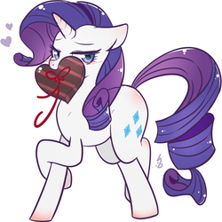 Size: 956x957 | Tagged: safe, artist:haden-2375, rarity, pony, unicorn, g4, blushing, box of chocolates, female, heart, mare, mouth hold, simple background, solo, valentine's day, white background