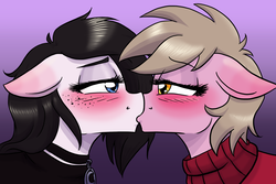 Size: 1280x853 | Tagged: safe, artist:naomiknight17, oc, oc only, oc:lamika, oc:reppy, pony, bedroom eyes, blushing, blushing profusely, clothes, commission, female, freckles, hearts and hooves day, jewelry, kissing, lesbian, lidded eyes, necklace, shipping, sweater, valentine's day