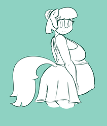 Size: 1765x2089 | Tagged: safe, artist:funble, coco pommel, earth pony, anthro, g4, belly, belly button, big belly, clothes, coco preggo, female, looking at you, mare, monochrome, pregnant, sketch, skirt, smiling, solo