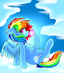 Size: 1280x1469 | Tagged: dead source, safe, artist:php69, artist:skaterpony, rainbow dash, pony, g4, bubblegum, cloud, female, fluffy, food, gum, mare, sky, solo