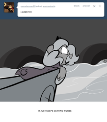 Size: 666x763 | Tagged: safe, artist:egophiliac, princess luna, oc, oc:sunshine smiles (egophiliac), bat pony, pony, moonstuck, g4, cartographer's hat-boat, drowning, filly, grayscale, marauder's mantle, monochrome, tumblr, tumblr comic, water, woona, younger
