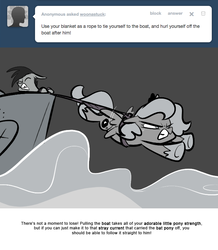 Size: 666x763 | Tagged: safe, artist:egophiliac, princess luna, oc, oc:frolicsome meadowlark, bat pony, pony, moonstuck, g4, baby blanket, cartographer's hat-boat, filly, flying, grayscale, monochrome, tumblr, tumblr comic, water, woona, younger