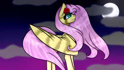 Size: 2560x1440 | Tagged: safe, artist:crazysurprise, fluttershy, pony, g4, female, flower, flower in hair, moon, night, solo