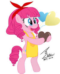 Size: 1389x1726 | Tagged: safe, artist:bluse, pinkie pie, earth pony, pony, g4, alternate hairstyle, apron, balloon, bipedal, chocolate heart, clothes, female, heart, heart balloon, open mouth, show accurate, simple background, solo, white background
