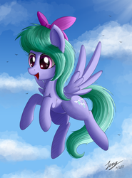Size: 2200x2970 | Tagged: safe, artist:duskie-06, flitter, pony, g4, cloud, commission, cute, female, flitterbetes, flying, high res, open mouth, raised hoof, signature, sky, smiling, solo, spread wings