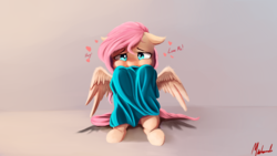 Size: 1920x1080 | Tagged: safe, artist:miokomata, fluttershy, pony, g4, clothes, cute, dialogue, female, heart, hug request, looking at you, oversized clothes, shyabetes, signature, simple background, solo, sweater, sweatershy