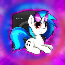 Size: 894x894 | Tagged: safe, artist:conniethecasanova, artist:flamevulture17, color edit, edit, dj pon-3, vinyl scratch, pony, unicorn, g4, colored, female, prone, solo, speaker, wrong eye color